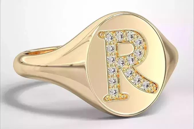 R  Monogram Small Finger Ring Oval Signet Chevalier Ring 