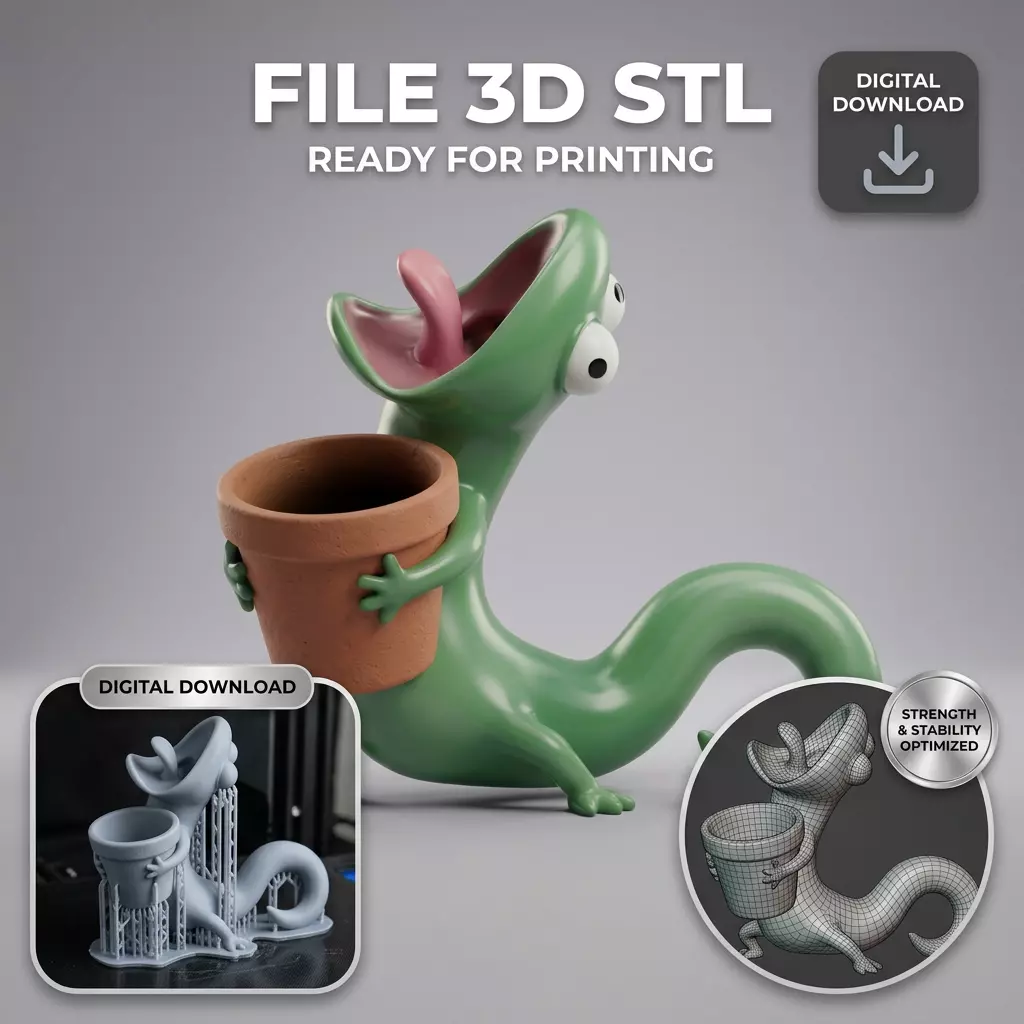 Cute Green Lizard Meme Planter STL File 3D print model