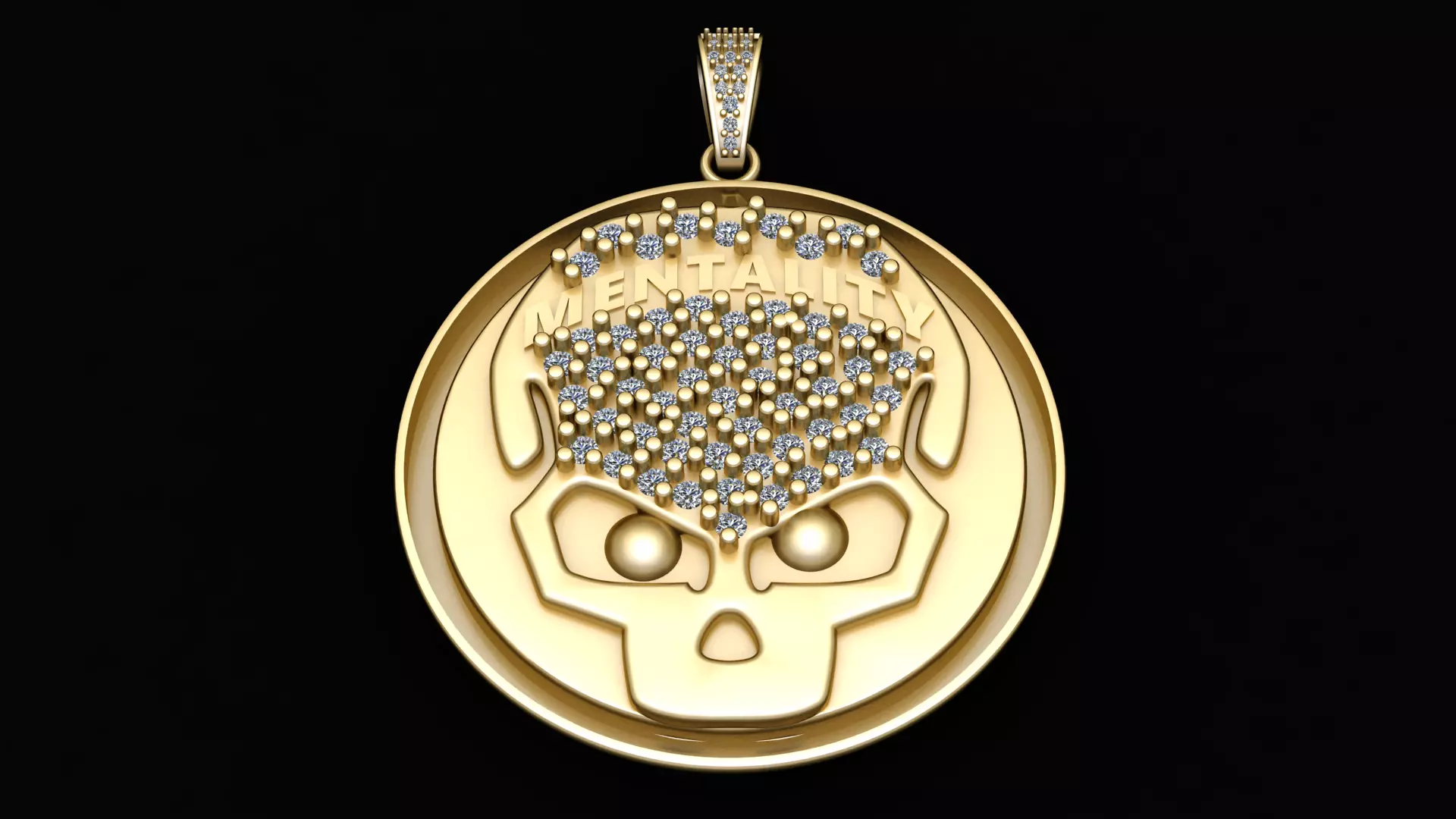 Mentality Skull Medallion Iced Out Gold Circular Pendant 3D print model