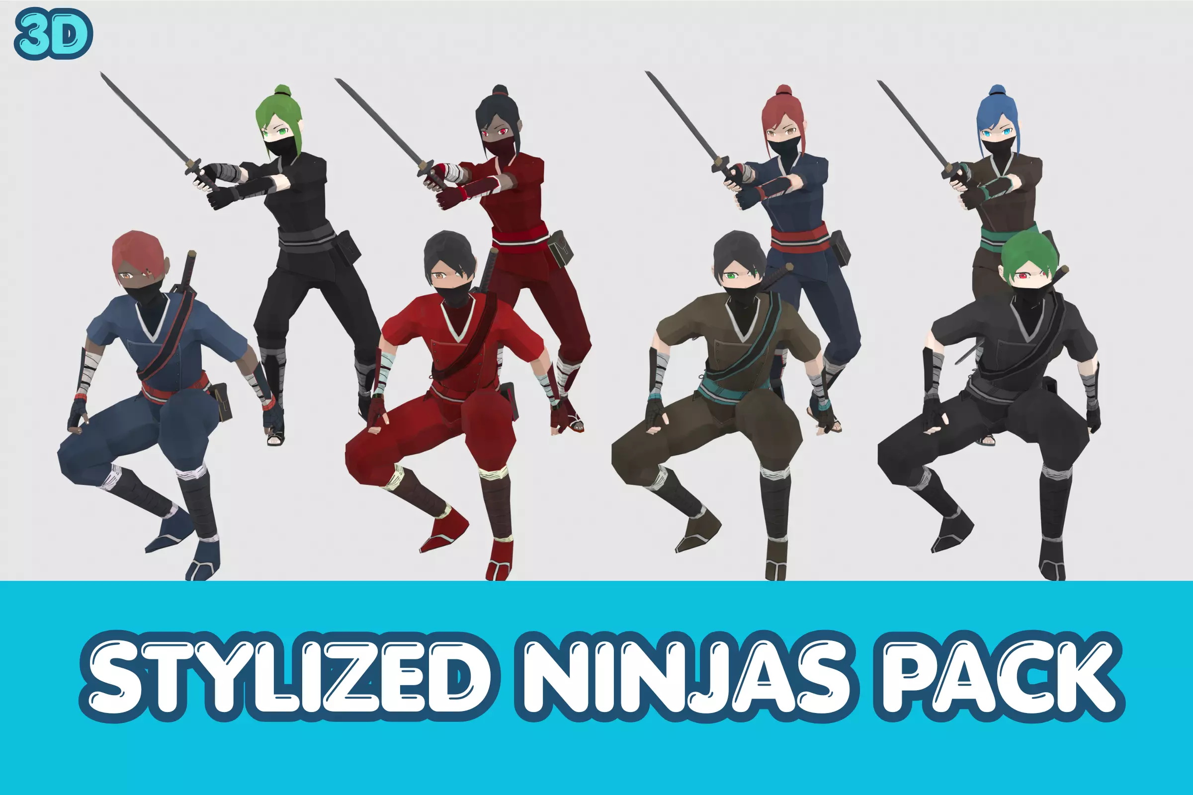 Stylized Ninja Pack Animated Characters Male Female Low-poly 3D model