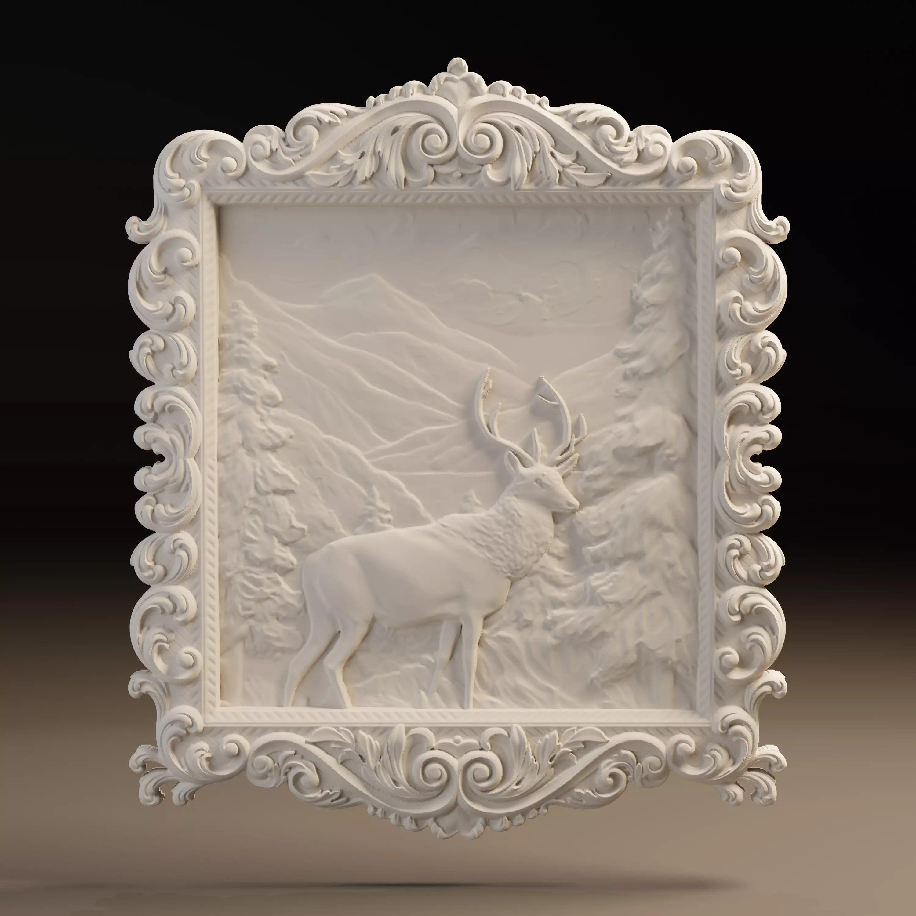 Deer Mountain Scene Relief CNC STL Decorative Frame 3D print model