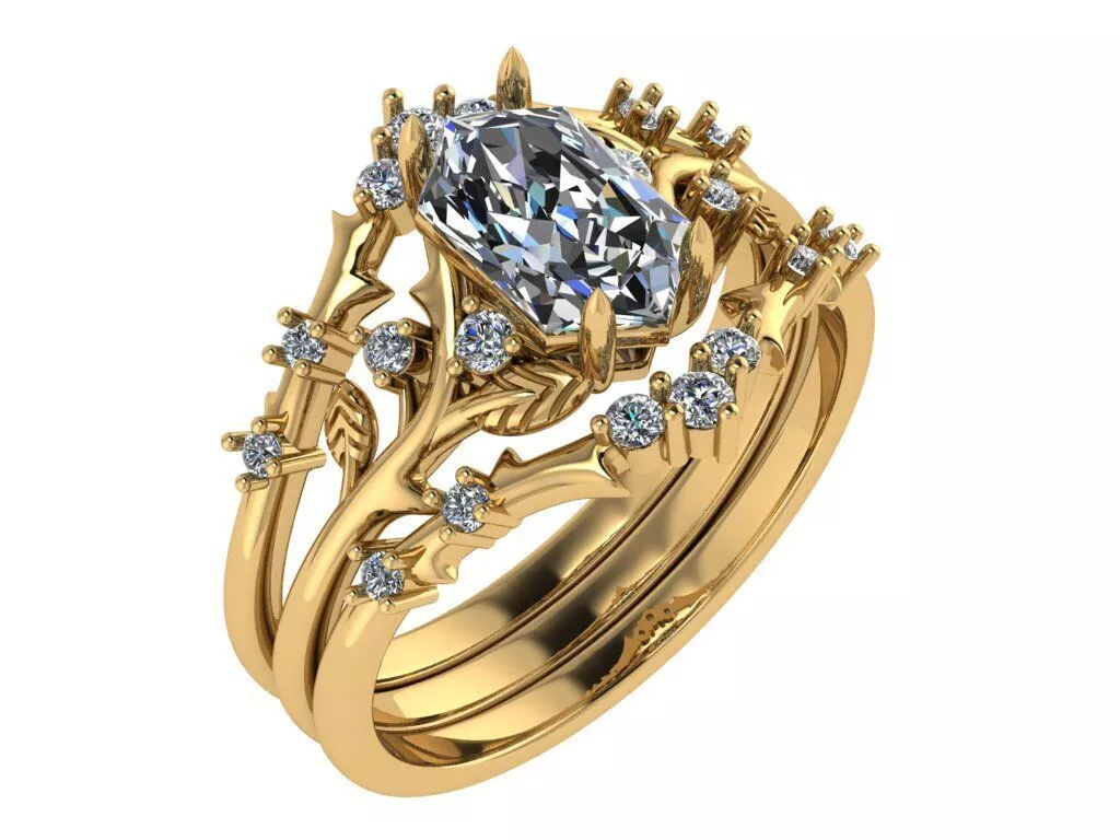 elongated Hexagon cut green moss agate engagement ring 3D print model