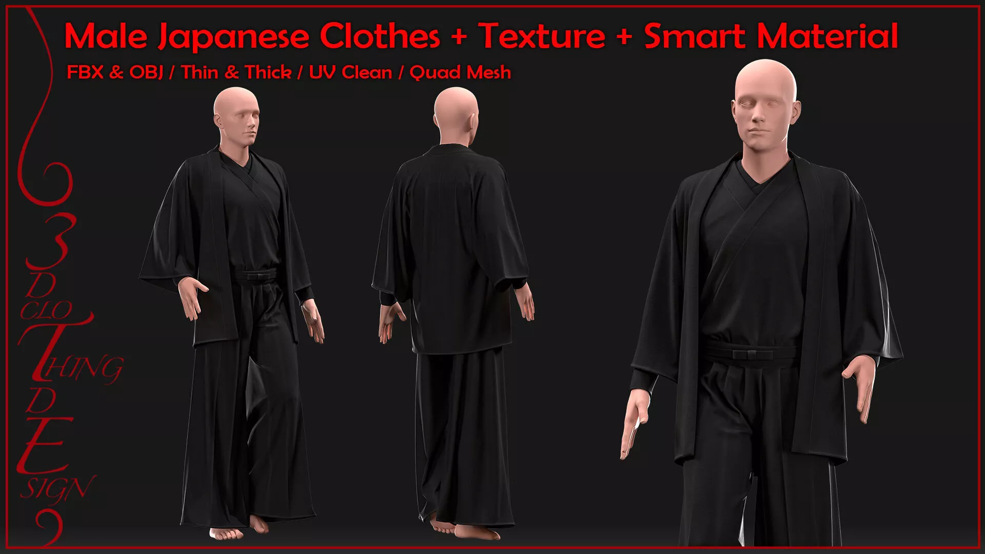 male Japanese clothes with texture and smart material 3D model