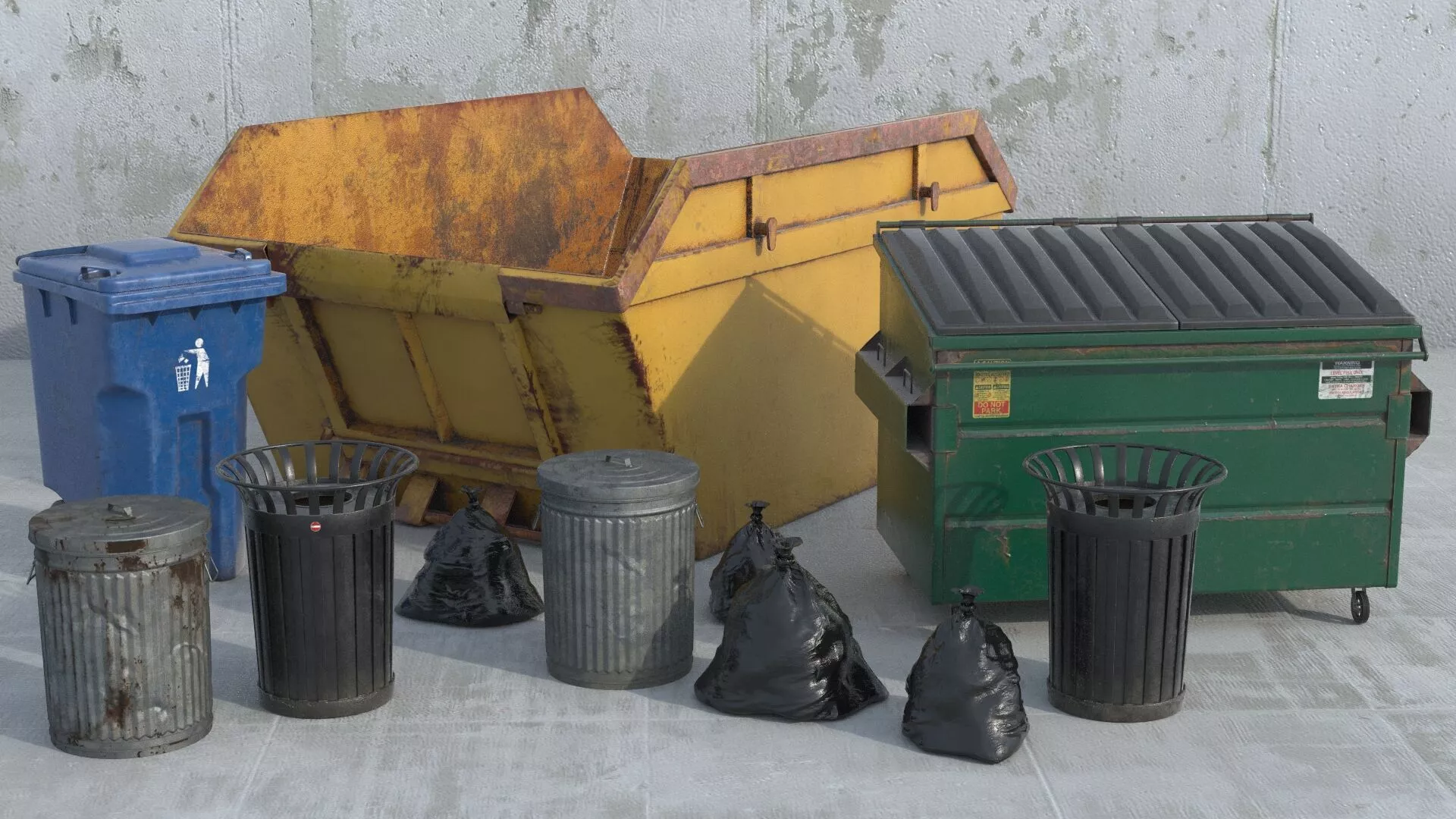 Skip Dumpster And Street Bins PBR 3D model