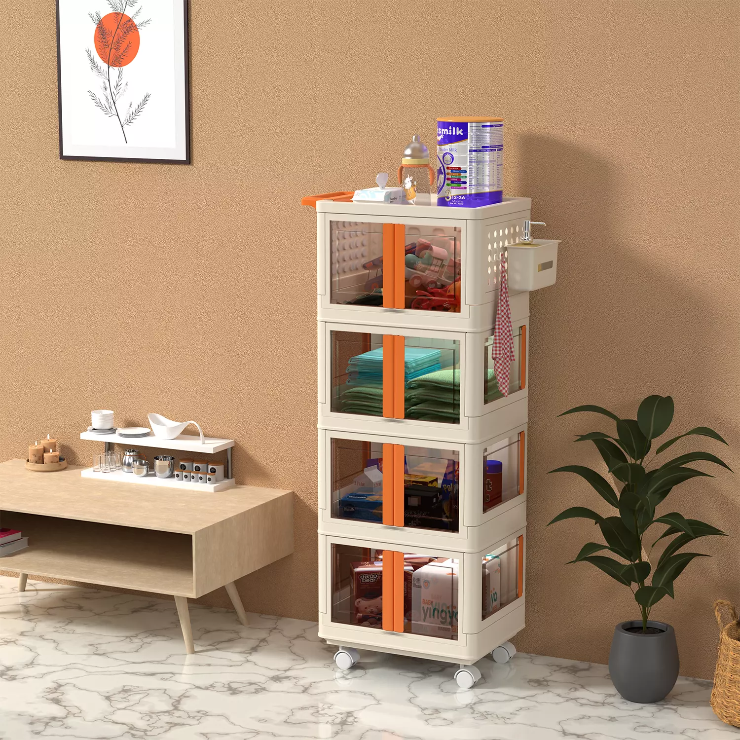 Rollable Storage Box Transparent Door Cabinet for Baby Supplies 3D model