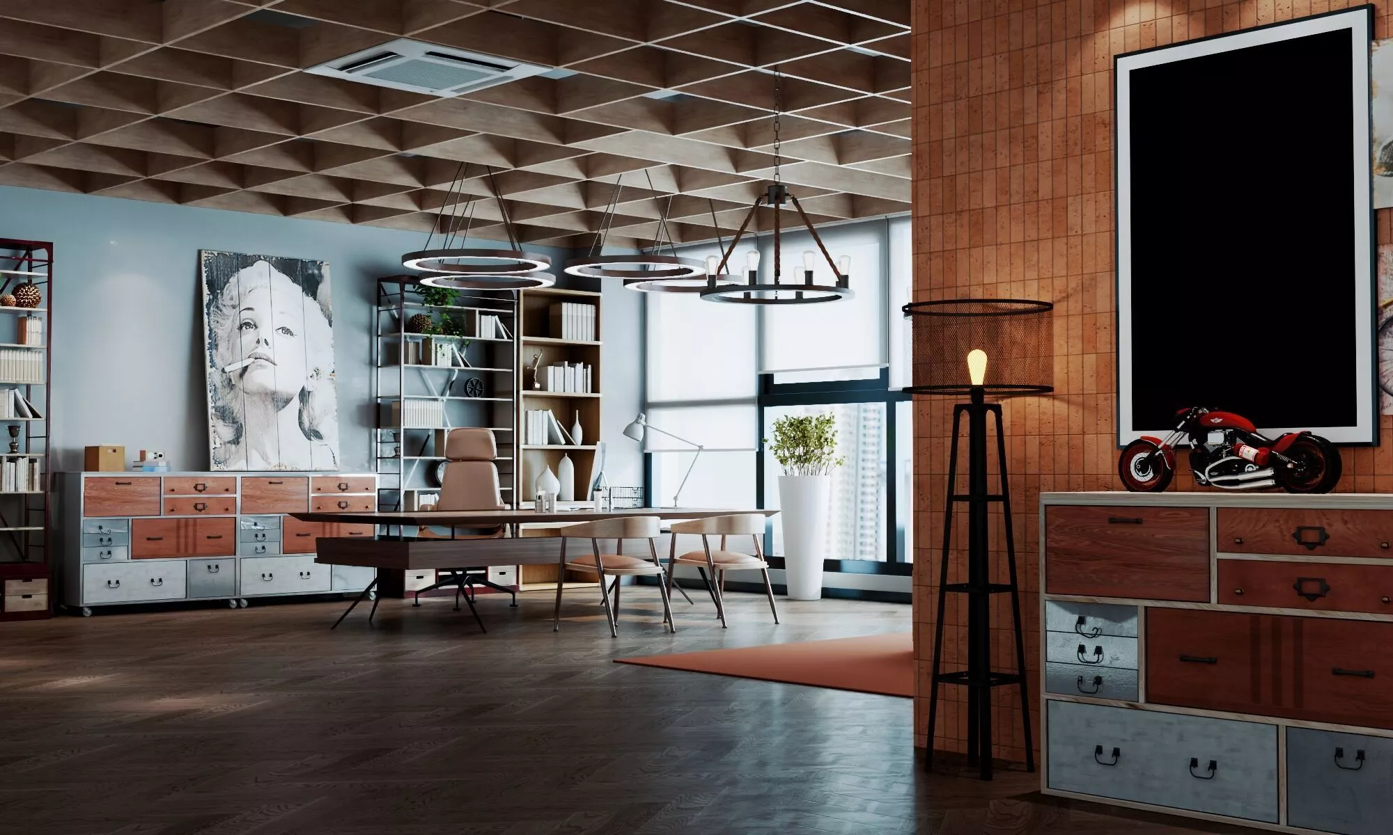 Interior of a modern industrial style office Low-poly 3D model