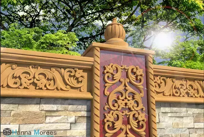 Stone wall and carved decorations Low-poly 3D model