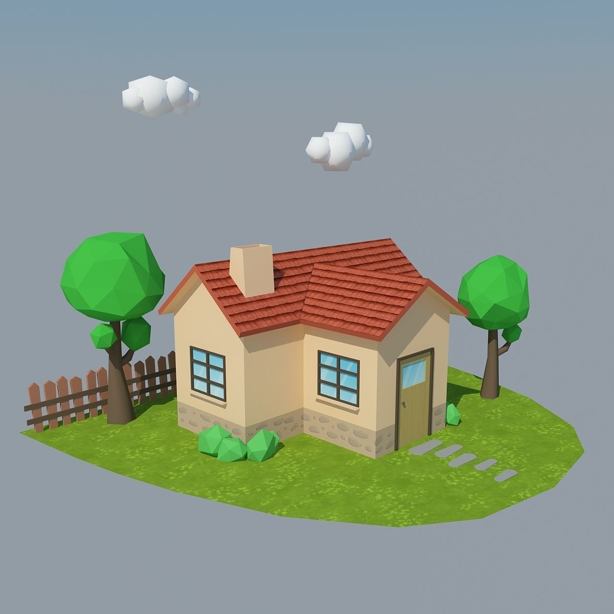 Low Poly House on grassy field Low-poly 3D model_3