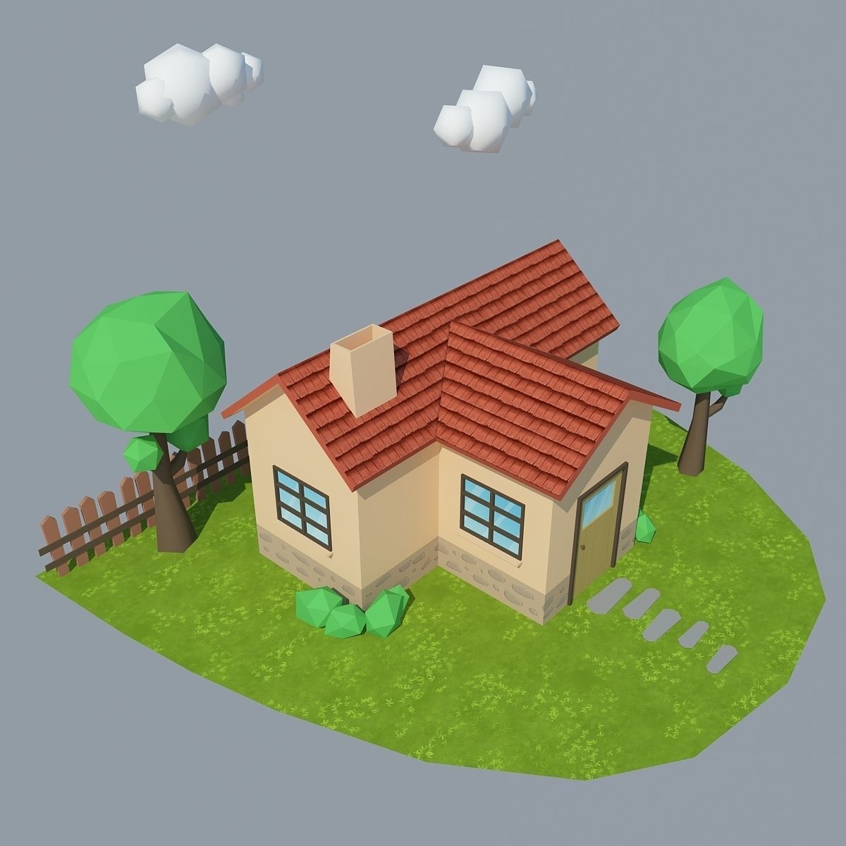 Low Poly House on grassy field Low-poly 3D model_4