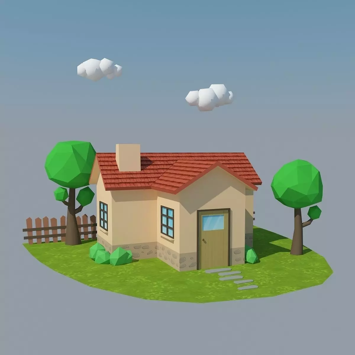 Low Poly House on grassy field Low-poly 3D model_0