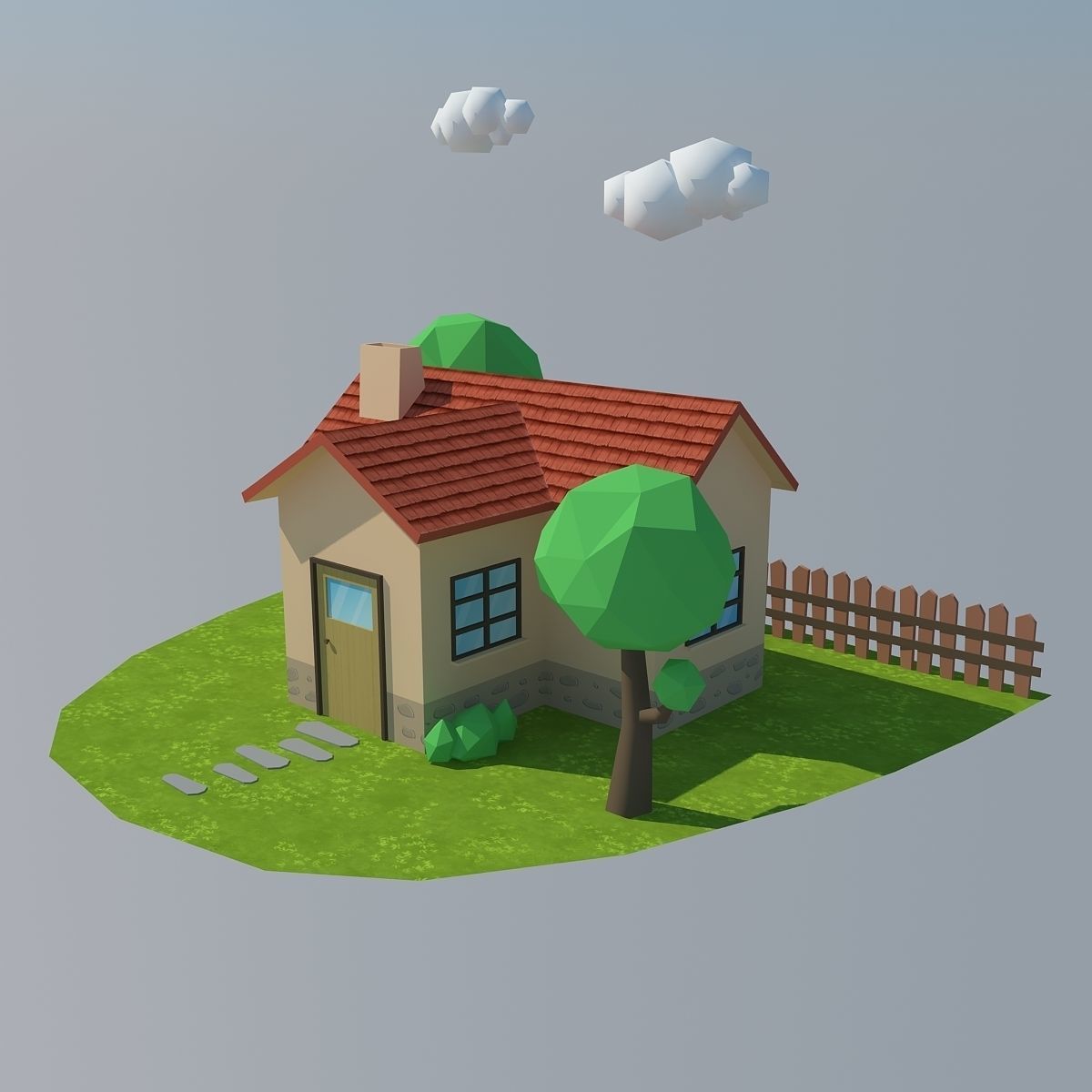 Low Poly House on grassy field Low-poly 3D model_5