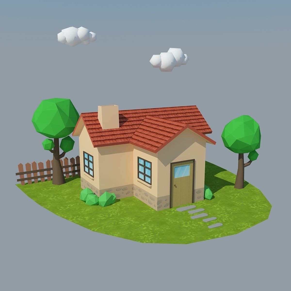 Low Poly House on grassy field Low-poly 3D model_2
