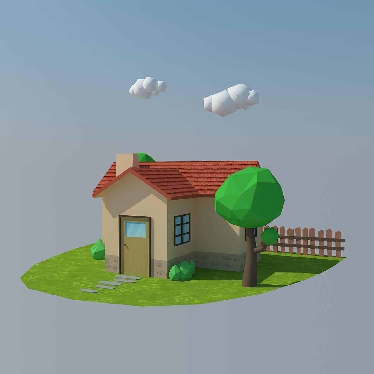 Low Poly House on grassy field Low-poly 3D model_1