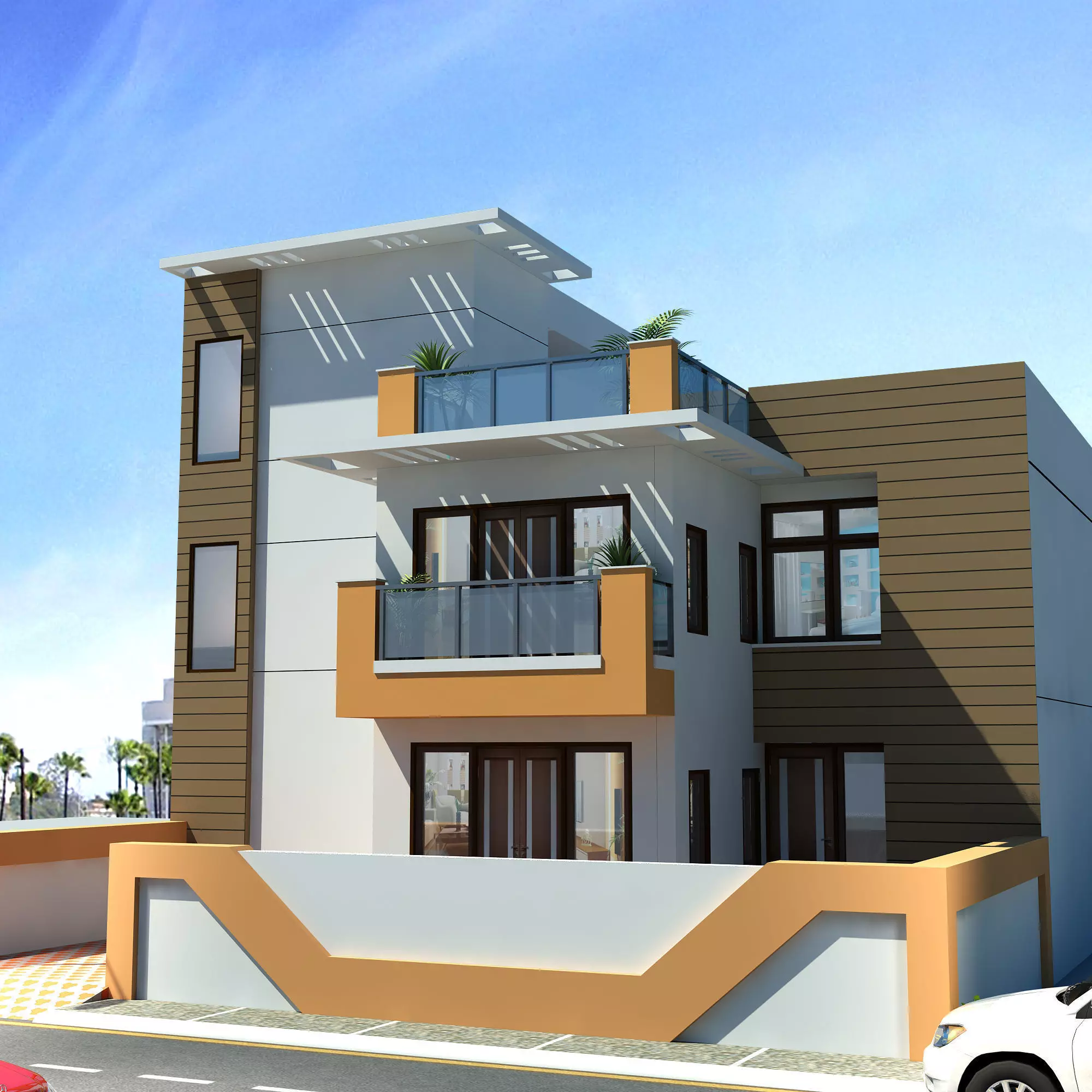 3d house two wooden doors with glass panels 3D model_0