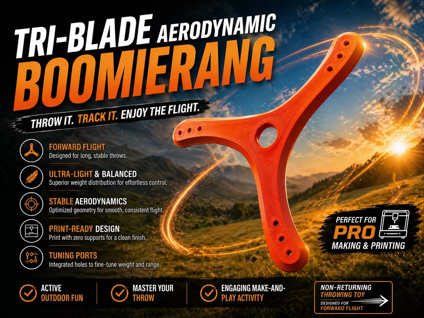 Tri-Blade Boomerang Style Thrower Easy Print 3D print model