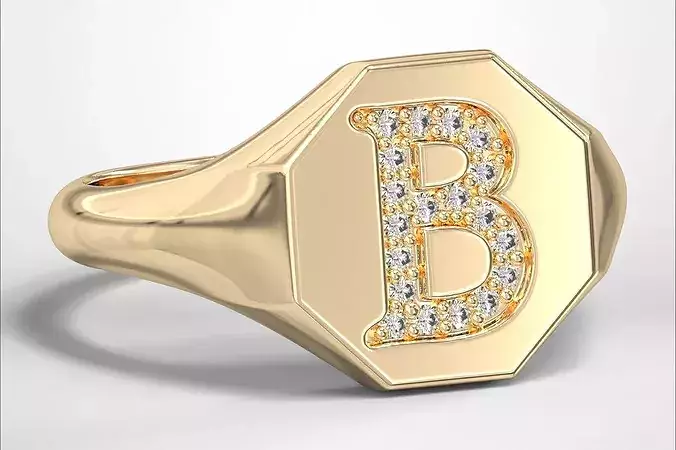 B Monogram Small Finger Ring Octagon Signet Chevalier Ring 