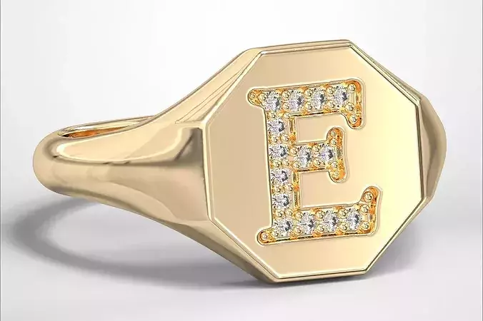 E Monogram Small Finger Ring Octagon Signet Chevalier Ring