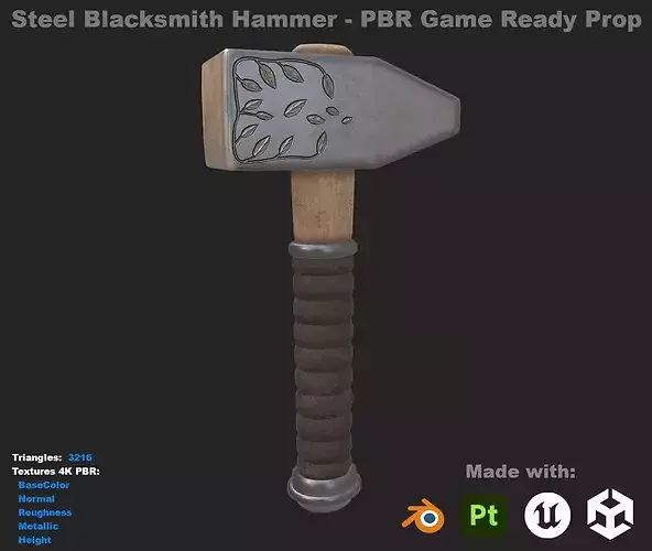Steel Blacksmith Hammer - Low Poly PBR Game Ready Tool Prop