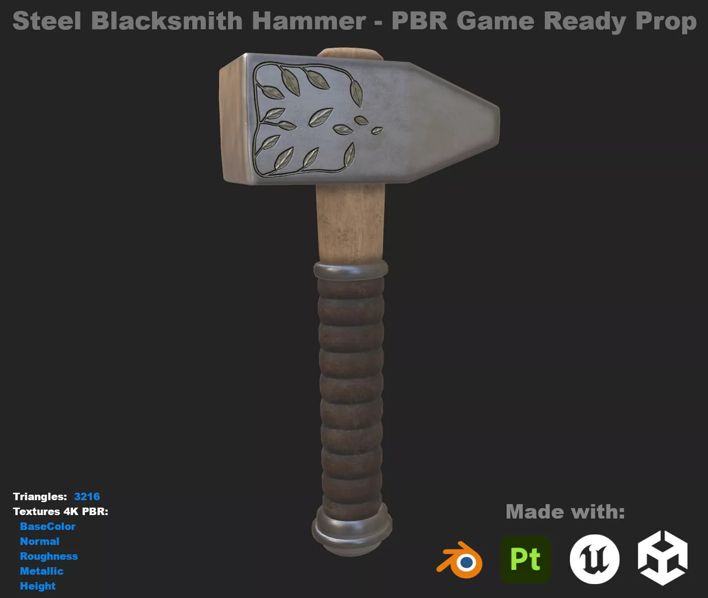 Steel Blacksmith Hammer - Low Poly PBR Game Ready Tool Prop Low-poly 3D model