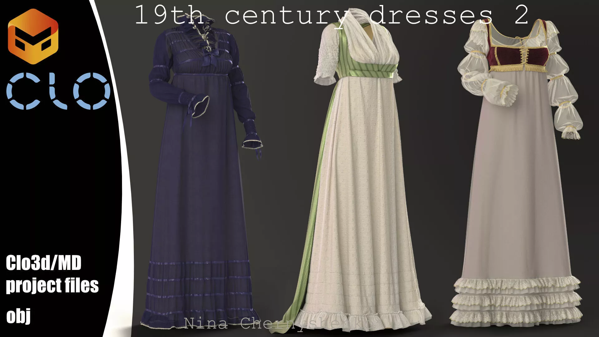 19th century dresses 2 - Marvelous Designer project and OBJ 3D model