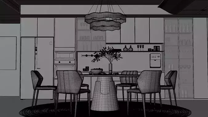 Modern Luxury Dining Room Kitchen Interior 3D model 6