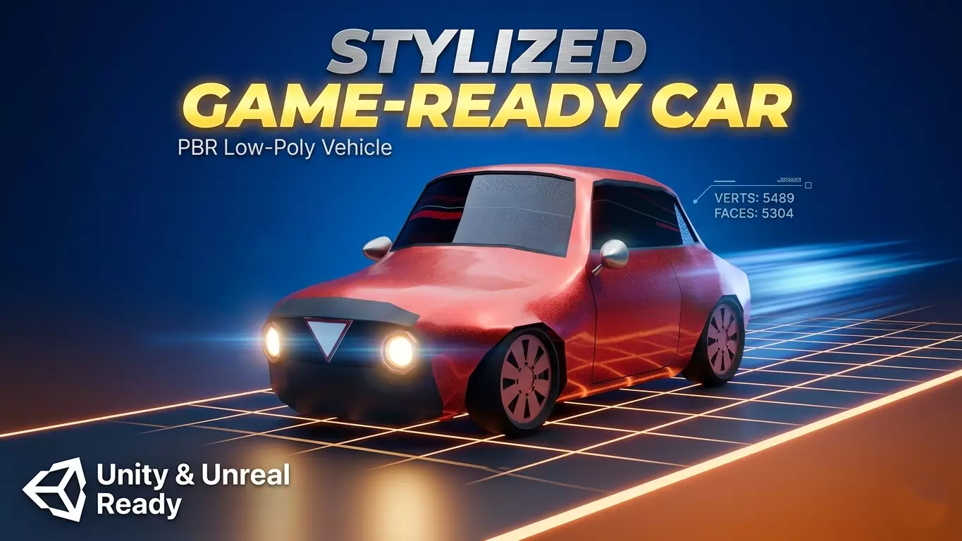 Low-Poly Red Sports Car Game-Ready PBR Vehicle Stylistic FBX OBJ Low-poly 3D model