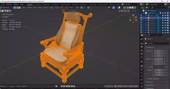 Car seat single decorated in ancient Chinese style  Low-poly 3D model 7