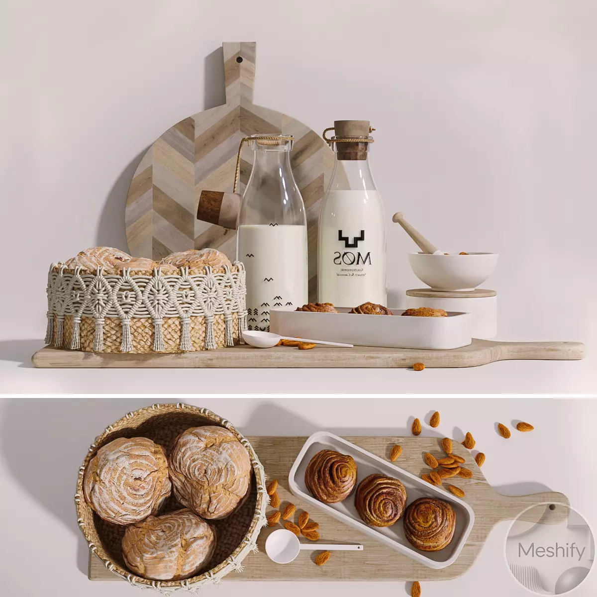 Milk and homemade cakes 3D model