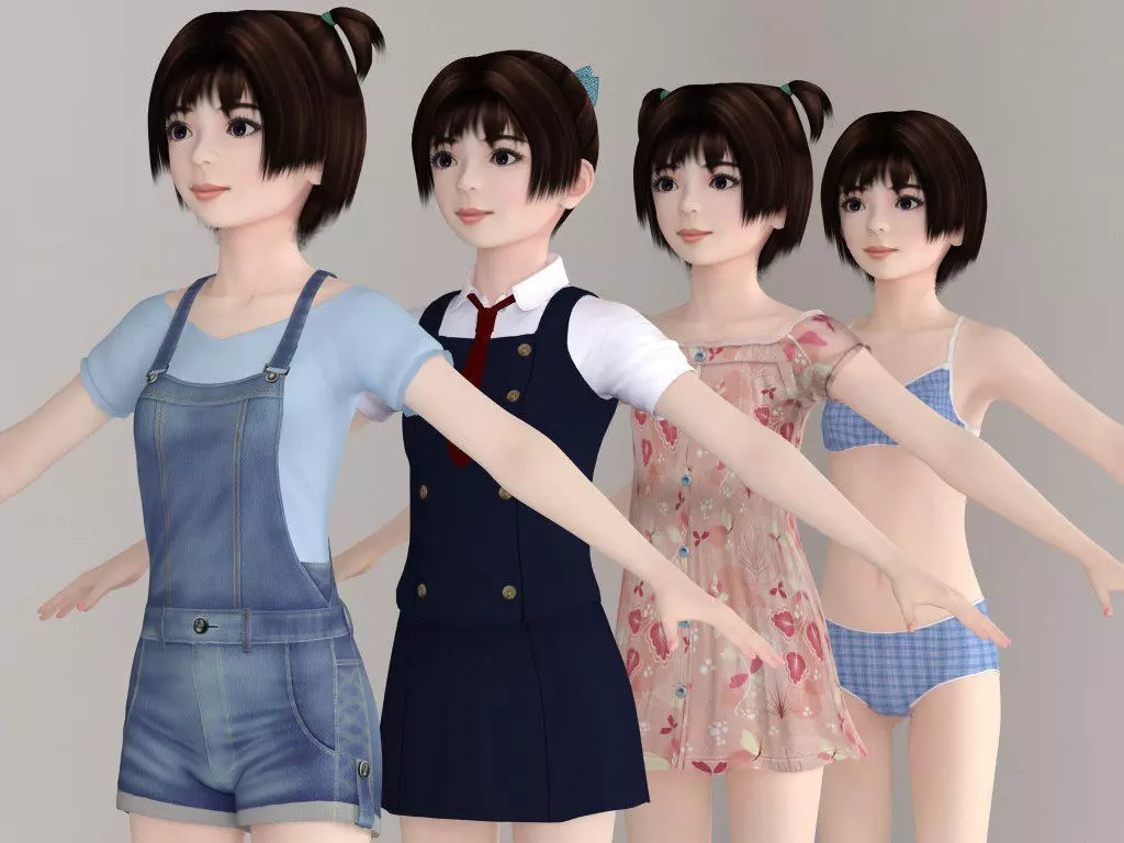 T pose nonrigged model of Eri with various outfit 3D model_0