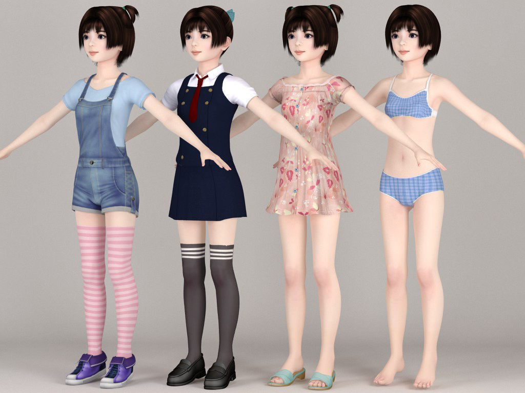 T pose nonrigged model of Eri with various outfit 3D model_3
