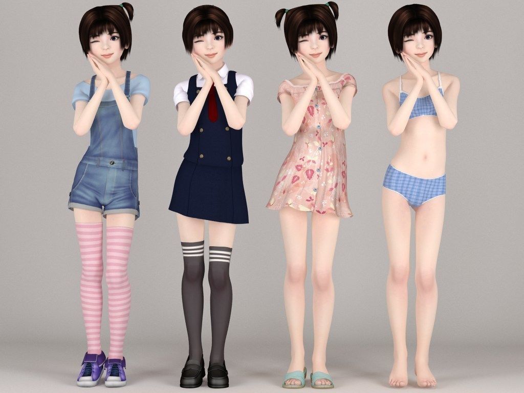 T pose rigged model of Eri with various outfit 3D model_1