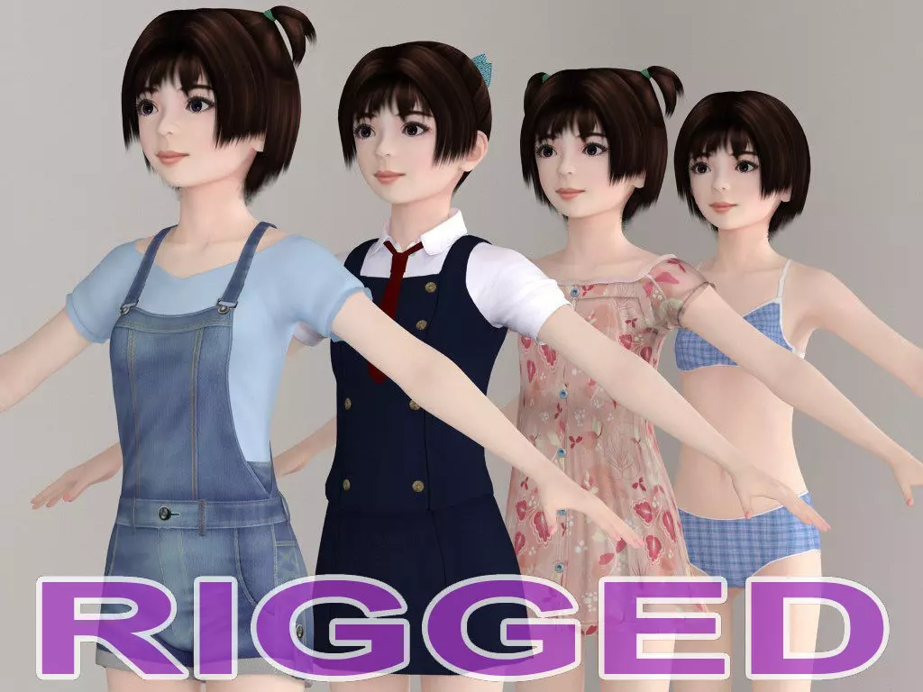 T pose rigged model of Eri with various outfit 3D model_0