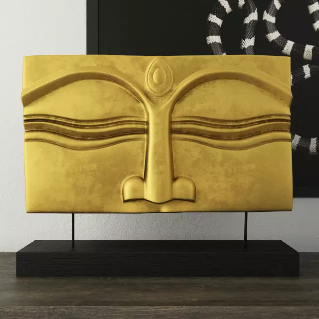 Suar Wood Gold Buddha Face Stand 3D model_0