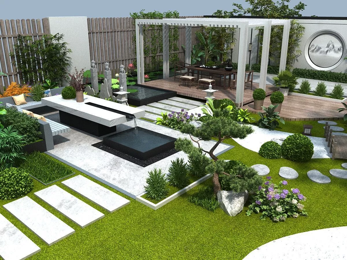 Backyard Design with Pond Patio and Greenery 3D model