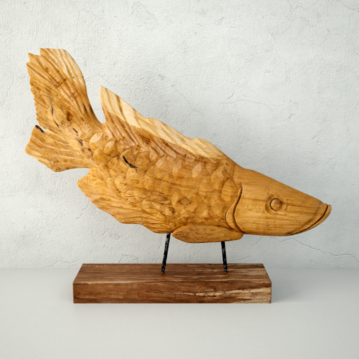 Teak Wood Fish Sculpture 3D model_1