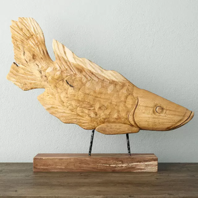 Teak Wood Fish Sculpture 3D model_0