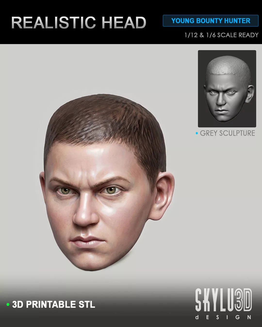 Young Bounty Hunter Realistic Head Bundle STL 3D print model