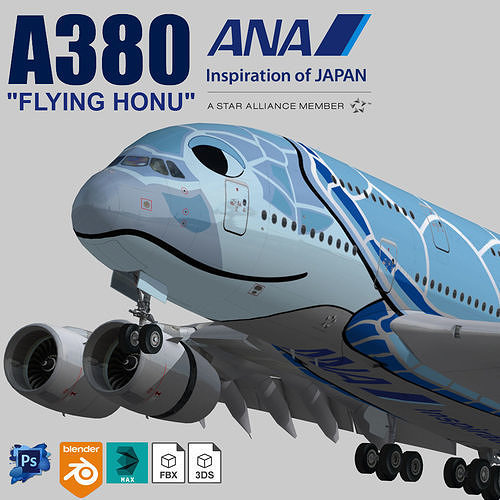 Airbus A380 ANA FLYING HONU design Low-poly 3D model