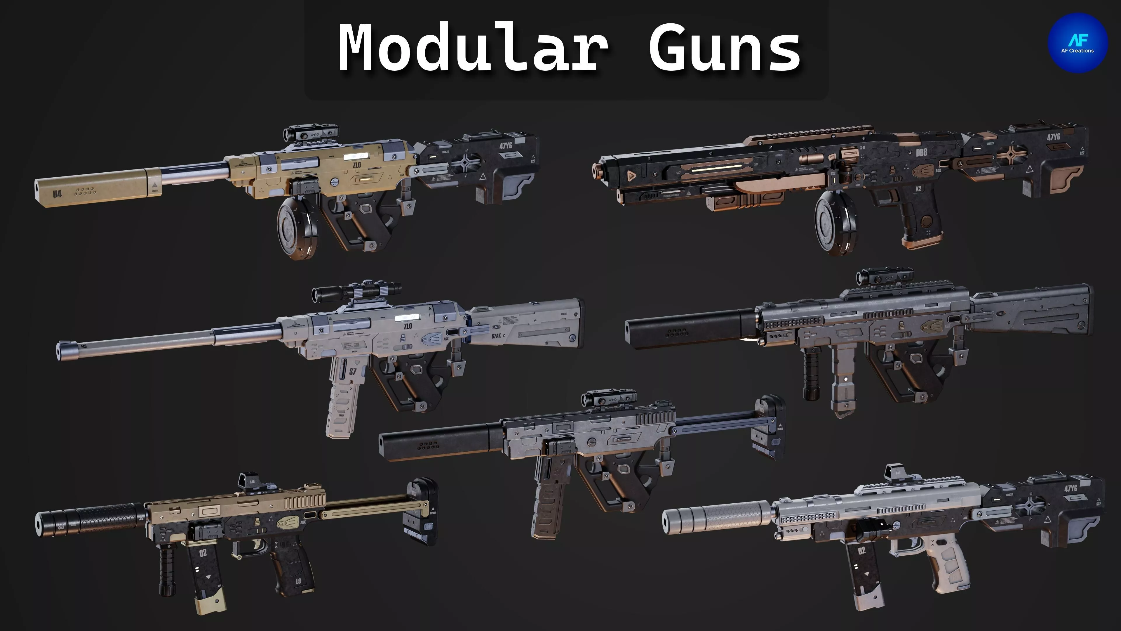 Modular Guns - Customizable Animated Weapon Pack Low-poly 3D model