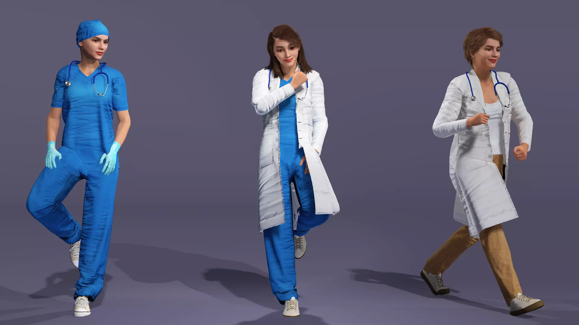 Female Medical Doctors Collection - 3 Rigged Characters Low-poly 3D model
