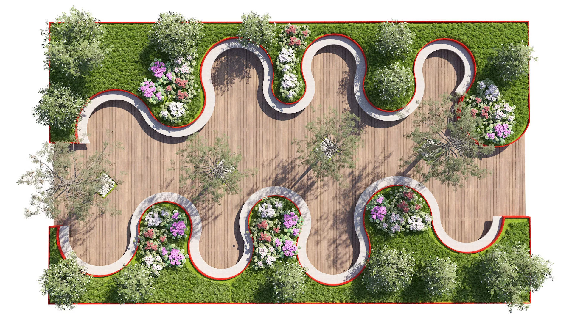 Contemporary S-Curve Seating and Greenery Set Low-poly 3D model