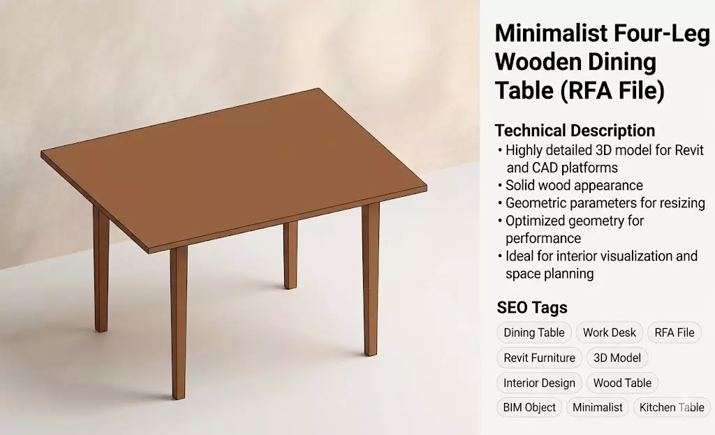Minimalist Four Leg Wooden Dining Table RFA File 3D model
