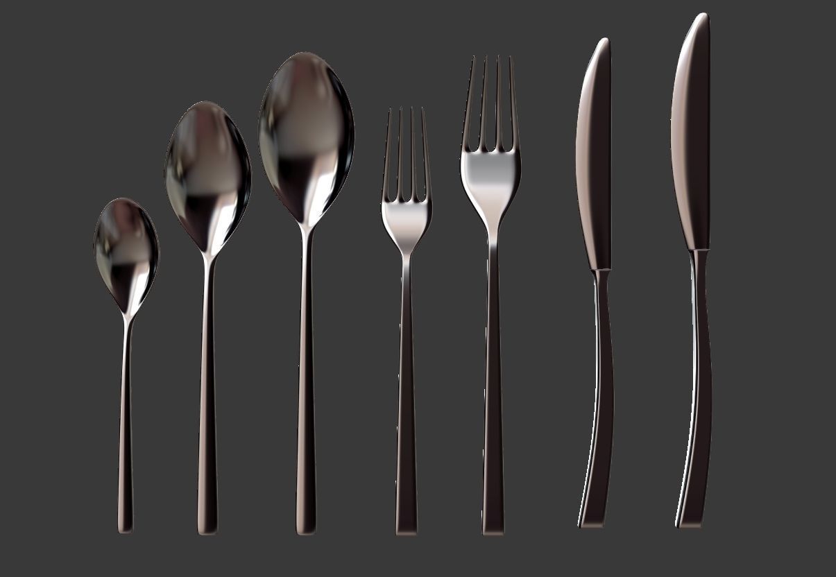 Cutlery Set of silver spoons and forks 3D model_6