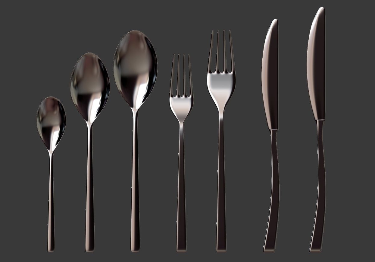 Cutlery Set of silver spoons and forks 3D model_4