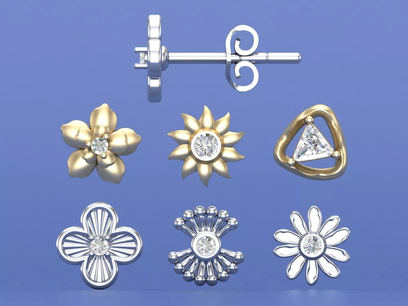 Botanical Harmony Six Floral Geometric Stud Earring Jewelry 3D print model