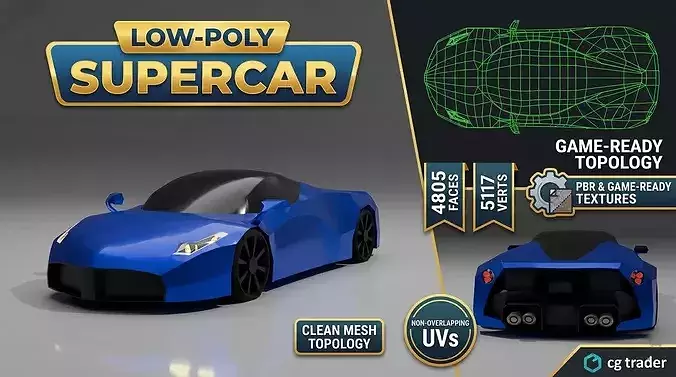 Modern Low-Poly Supercar 3D Model Game-Ready PBR Vehicle FBX OBJ
