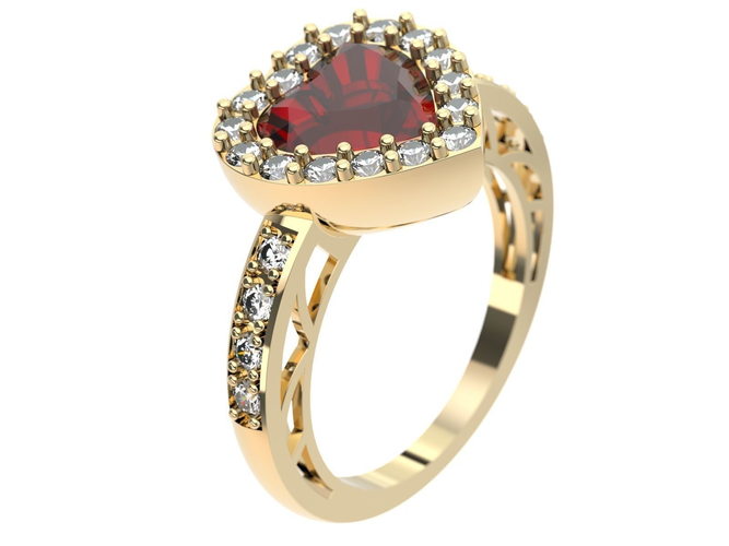 Ring heart shaped ruby and diamond gold