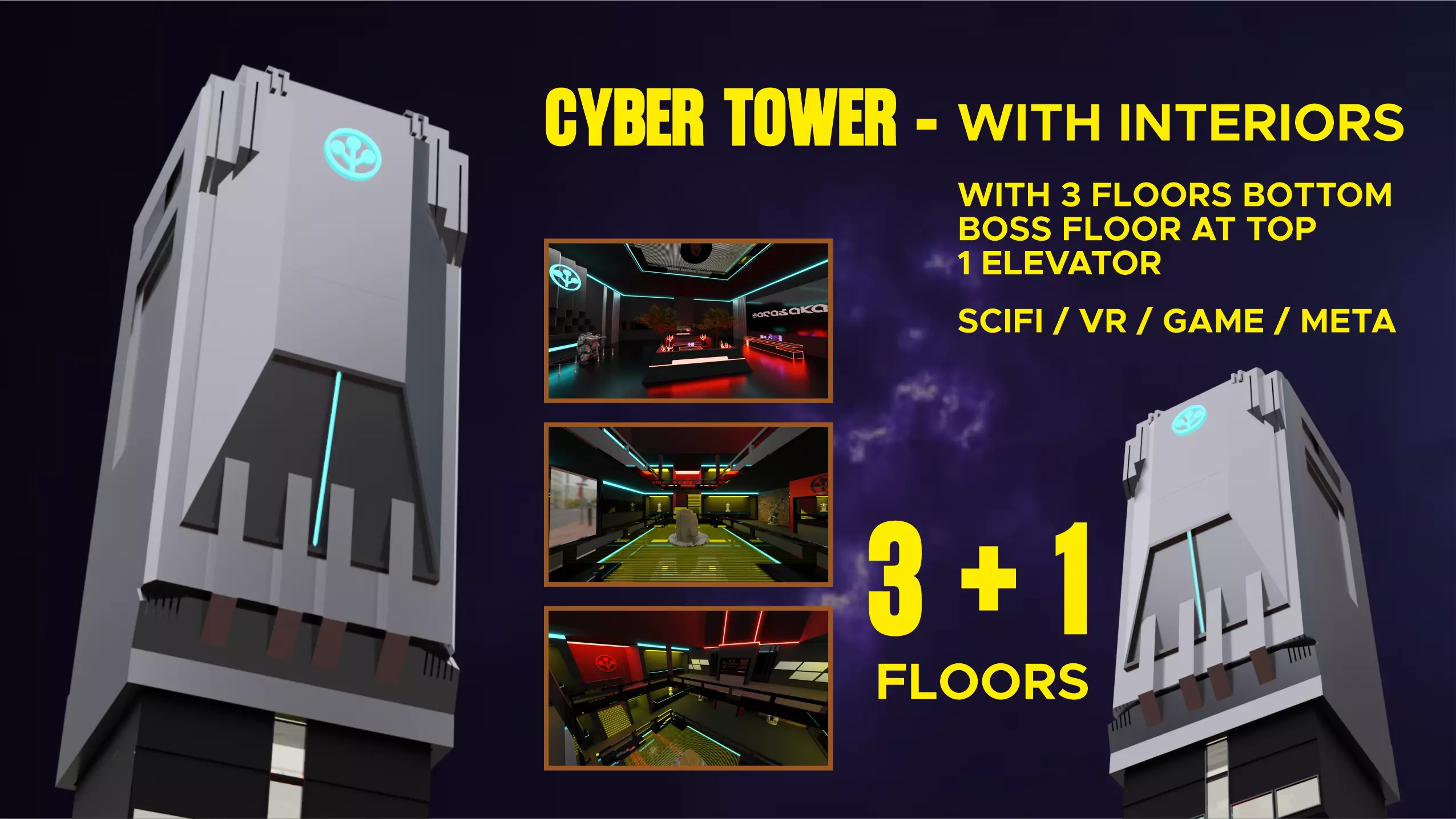 Cyber Tower full with interiors - VR world Low-poly 3D model Low-poly 3D model