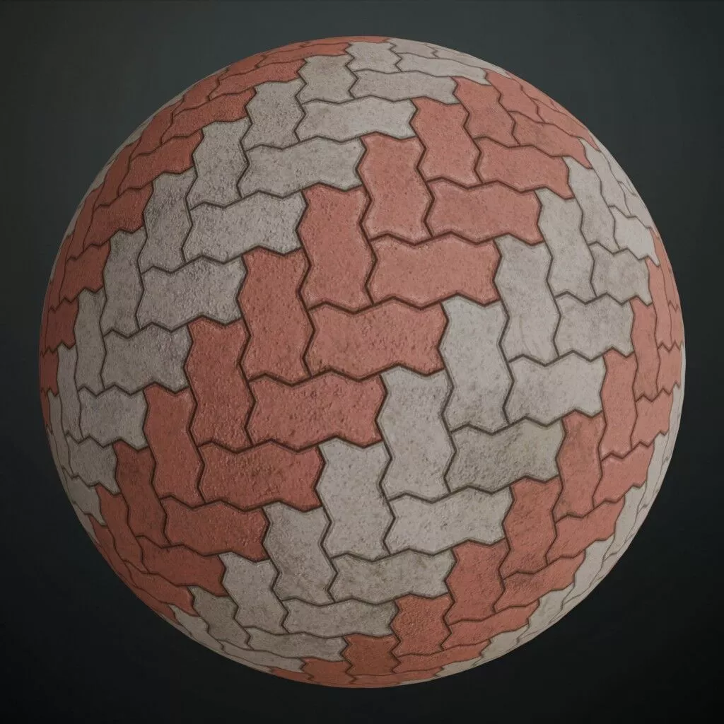 Realistic Herringbone Zigzag Unipaver Blocks Red PBR Seamless Texture