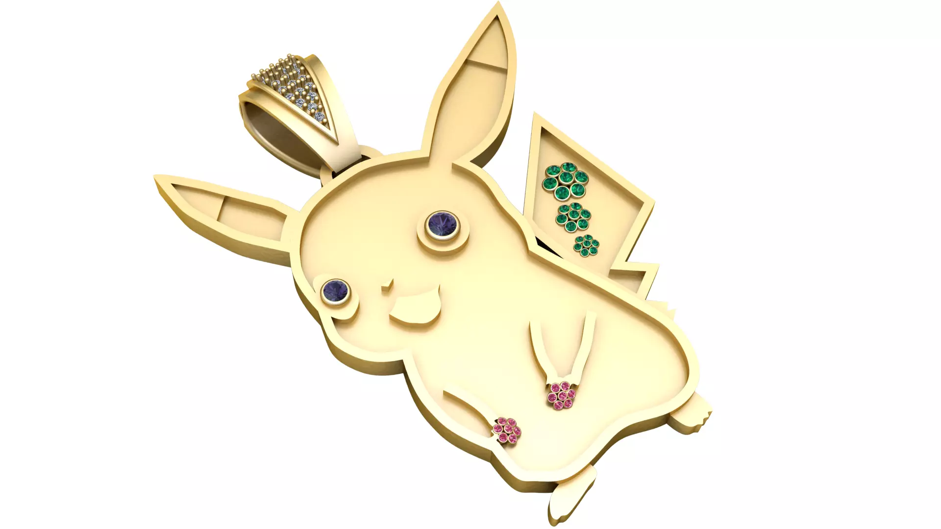 Cute Pikachu-Inspired Gold Pendant with Gemstone Accents 3D print model